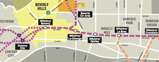 Early version of possible Purple Line Subway alignments studied through Beverly Hills. Image via Metro
