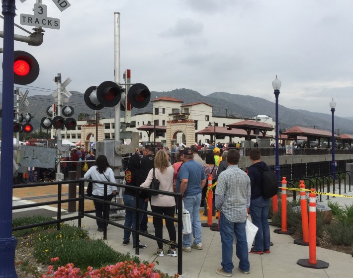 Crowds waiting to board the Gold Line in downtown Azusa