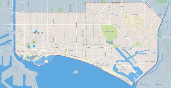 Screenshot map of Long Beach Bike Share. For expanded stations, see current website map.