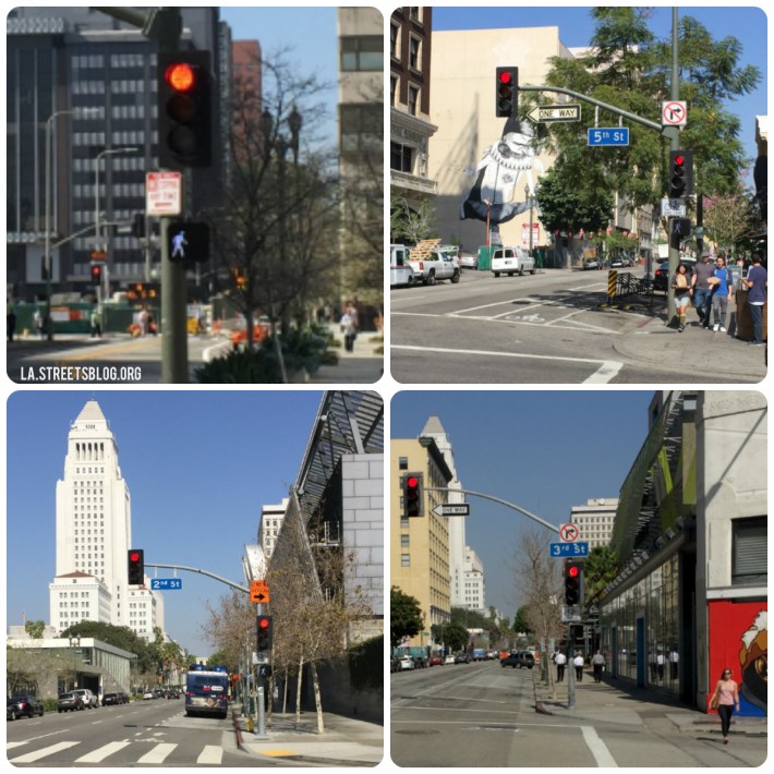 Red light plus walk signal means a leading pedestrian interval. Photos by Joe LInton/Streetsblog L.A.