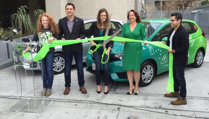 Zipcar cuts the ribbon, announcing its new one-way trip features available now in Los Angeles. Photo: Joe Linton/Streetsblog L.A.