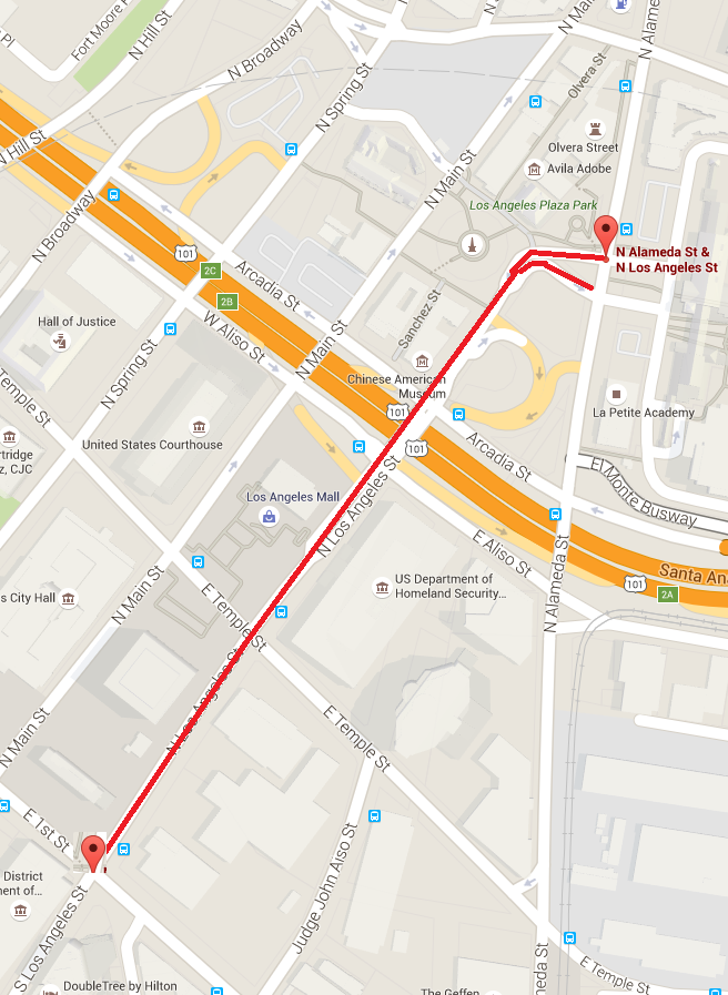 Los Angeles Street protected bike lanes will extend from Union Station to First Street. Map via LADOT