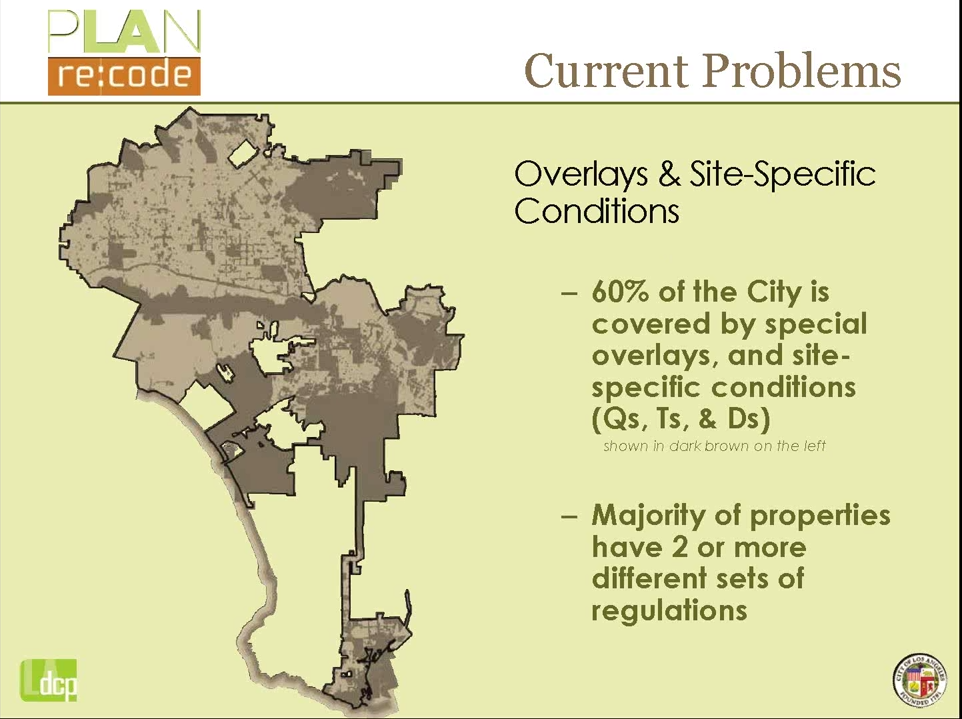 60% of city is subject to special overlays and site-specific conditions. (The darker brown areas). Source: City Planning