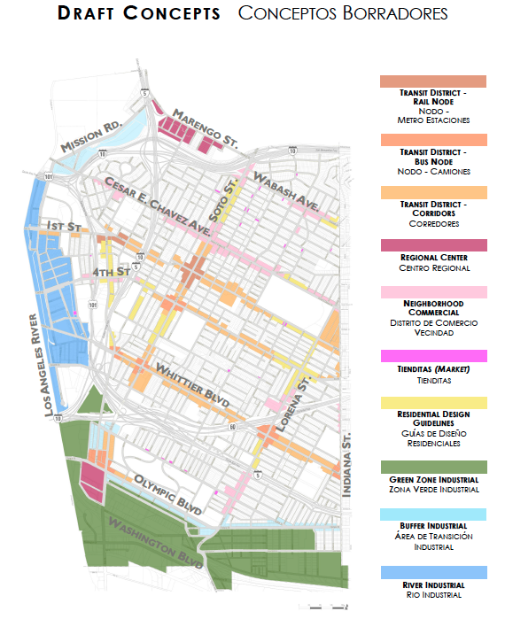 The land-use map of Boyle Heights. Tienditas are pink and found scattered through residential areas. Click to enlarge. Source: City Planning.