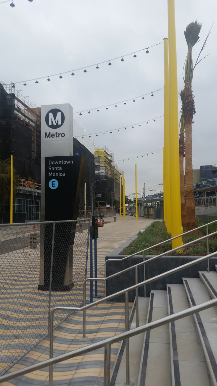 The Downtown Santa Monica station at Colorado and 4th Street connects with the new pedestrian and bike-friendly Colorado Esplanade at street level. Once finished, the Esplanade will provide wide sidewalks and a protected two-way cycle track that will connect people walking and biking from the station to the Santa Monica Pier and surrounding destinations, like Tongva Park, the Promenade, and Ocean Avenue.