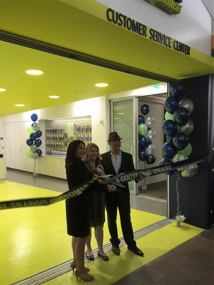 Eyes on the Street: Deputy Mayor Barbara Romero, LADOT General Manager Seleta Reynolds and Transportation Commission president Eric Eisenberg cut the ribbon on LADOT's new Customer Service Center in the L.A. Mall across from City Hall. Photo: Joe Linton Streetsblog L.A.