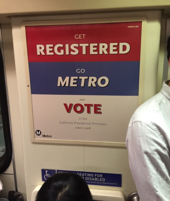 Eyes on the Street: spotted on the Red Line, Metro encouraging voter registration in advance of Measure R2. Photo: Joe Linton/Streetsblog L.A.