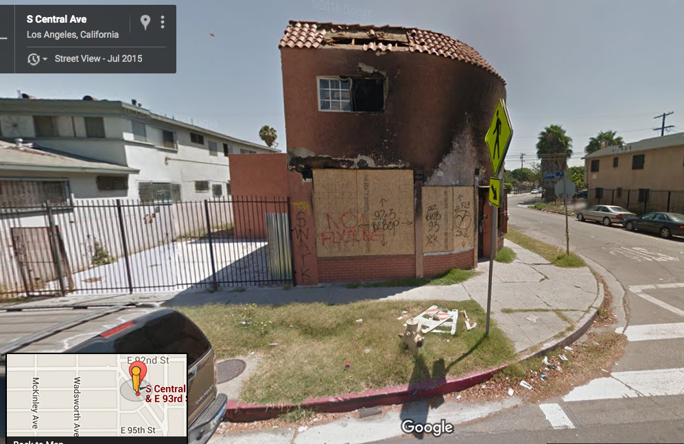 The structure was still standing, but boarded up, in July of last year. Source: Google maps.