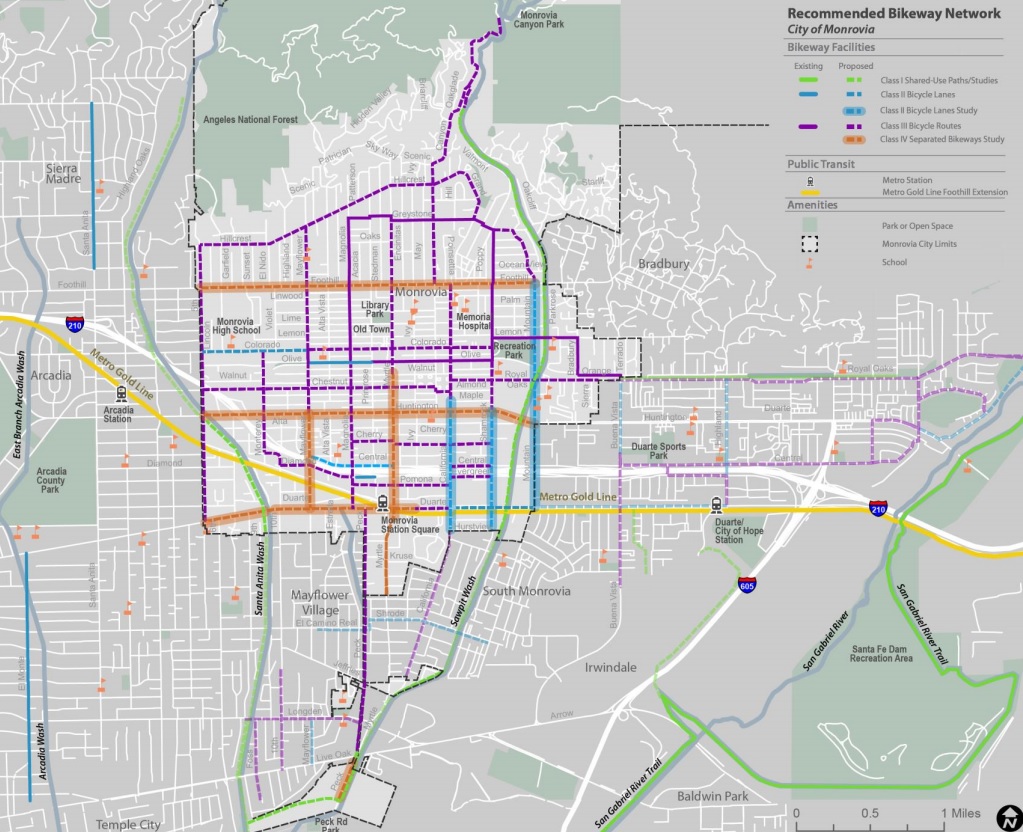 The final product. The master plan's overview of recommended bikeway project & studies across Monrovia. Note the proposed linkages to the recently opened Gold line station. Source: City of Monrovia