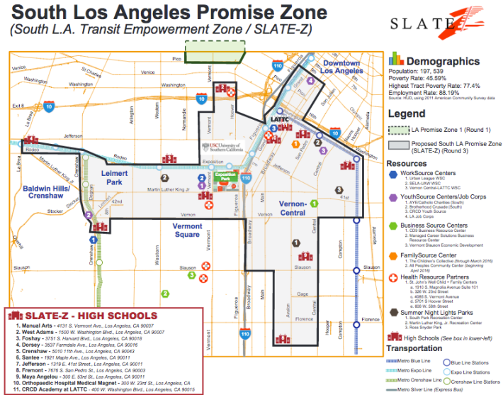 The area of South Los Angeles designated as a Promise Zone encompasses Historic South Central, moves east along important rail and bus corridors to the Crenshaw District. Source: Slate Z