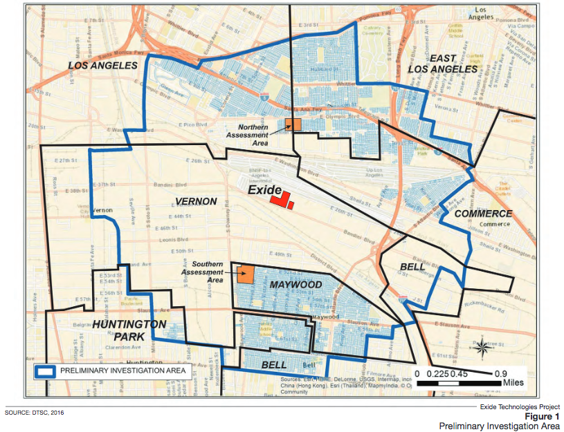 The area around Exide within which DTSC is conducting soil lead testing and clean-up of contaminated yards. Source: DTSC