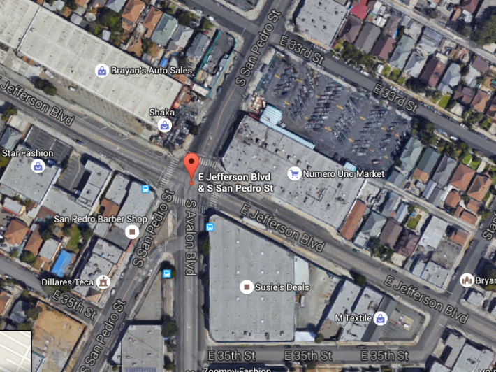 The intersection where San Pedro splits and Avalon begins requires a southbound cyclist to ride in the middle of a very busy intersection with cars careening by you on both sides. (Google maps)
