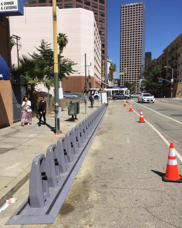 Eyes on the Street: newly installed bike-share docks spotted on 7th Street at Bixel Street. Photo: Joe Linton/Streetsblog L.A.