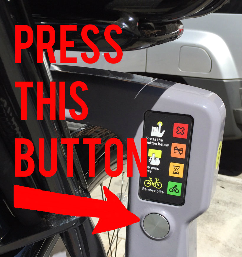 To release Metro Bike Share bikes, don't press the green square, press the circular metal button.