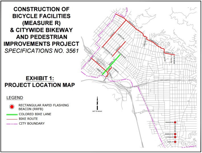 Map of city of Glendale's bicycle and pedestrian improvements being implemented in 2016. Map via city of Glendale