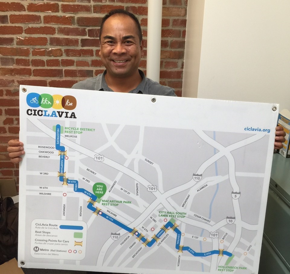 CicLAvia Executive Director Romel Pascual holds up the map from the first CicLAvia on October 10, 2010. Photo: Joe Linton/Streetsblog L.A.