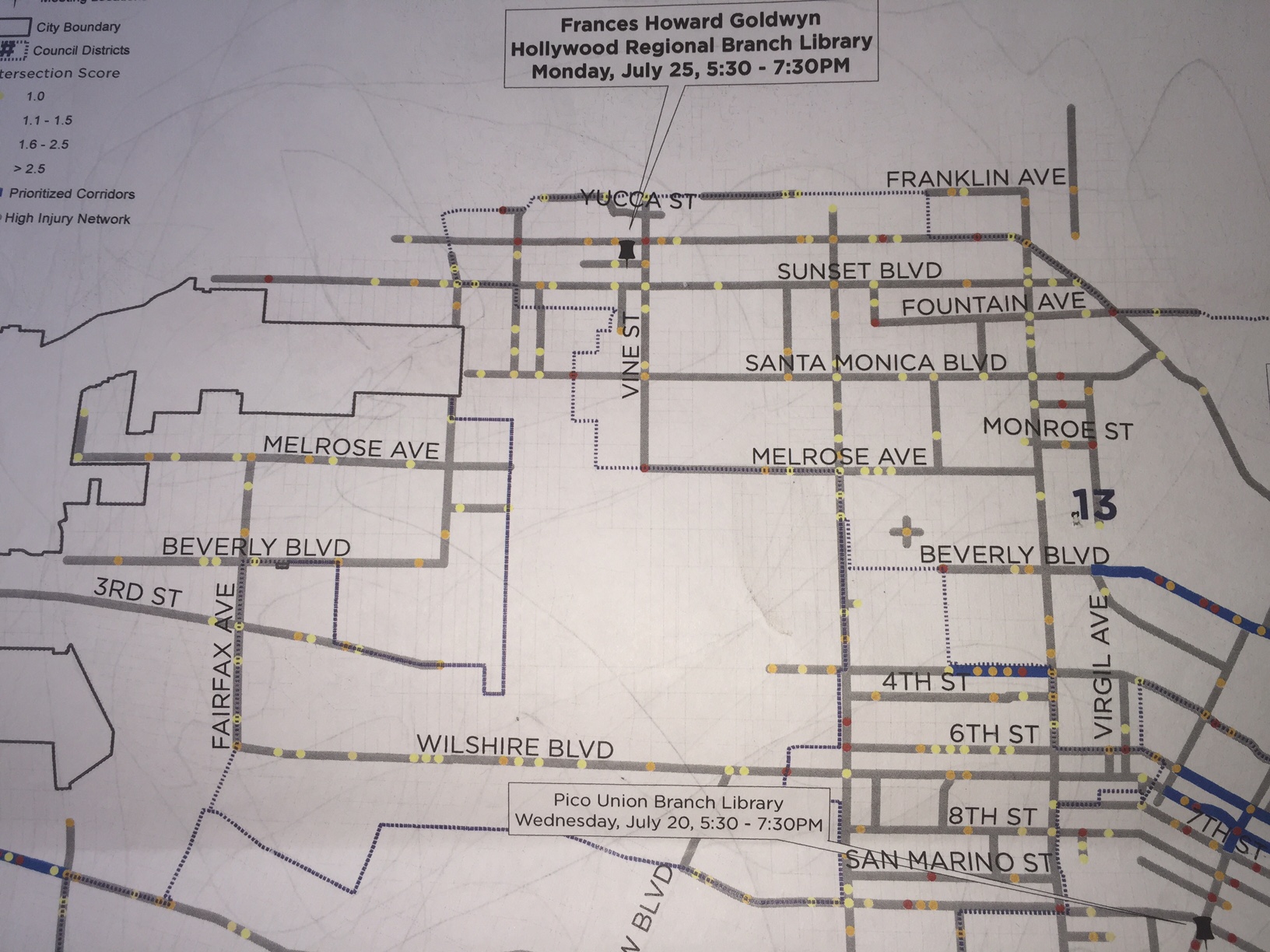 Vision Zero High Injury Network prioritized intersections/corridors detail map centered on Hollywood