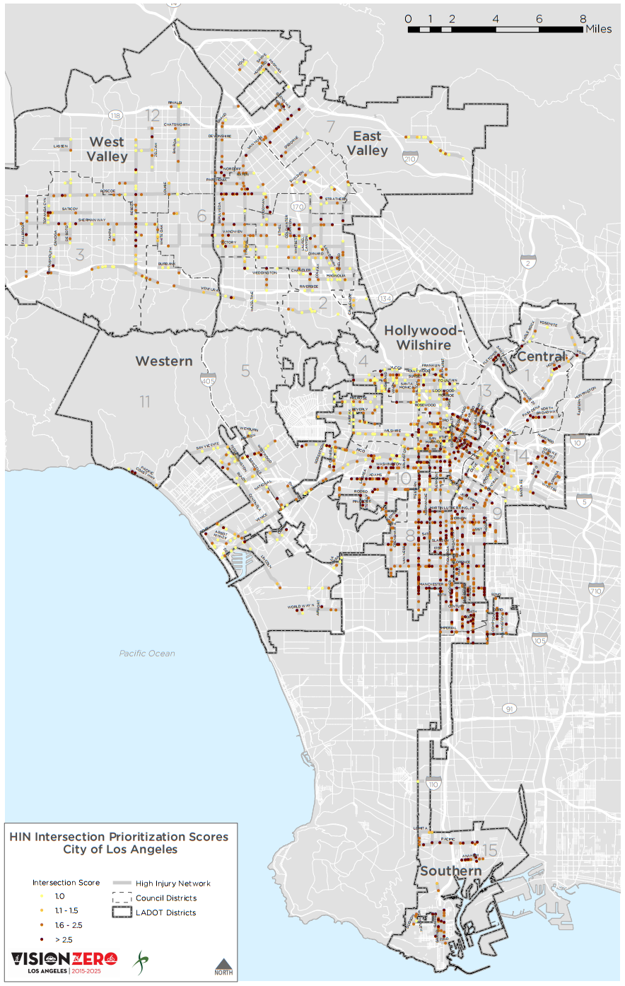 Vision Zero High Injury Network priority intersections. Map via Vision Zero L.A. website - click for higher resolution PDF