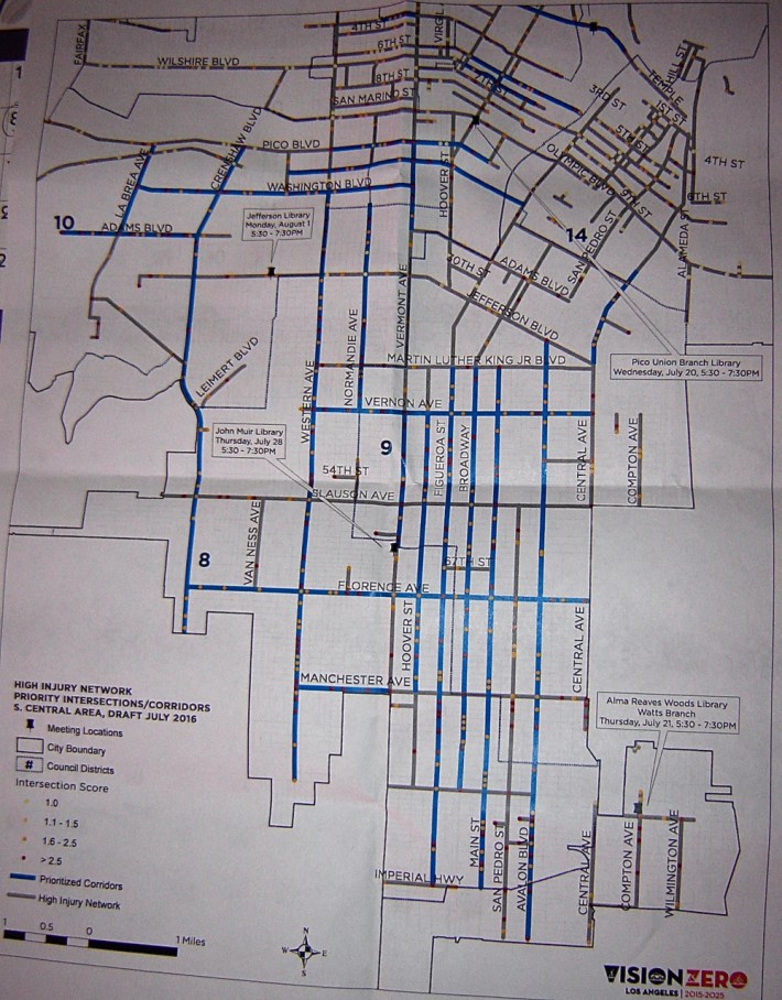 Terrible quality image of the South L.A. streets prioritized (in blue) for safety interventions. Central, Slauson, most of Manchester, MLK Blvd., and Wilmington did not make the cut. Source: Vision Zero handout