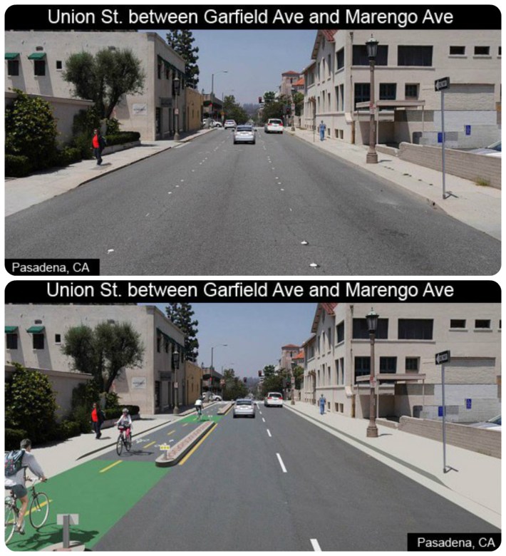 Before/after images of Pasadena's planned Union Street two-way protected bikeway. Images via Pasadena DOT