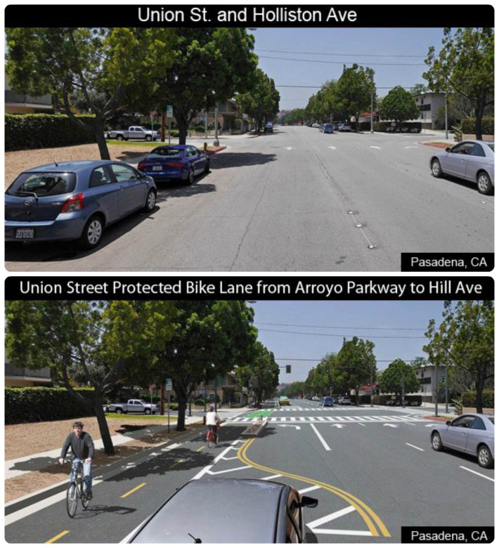 Before/after images of Pasadena's planned Union Street parking-protected bikeway. Images via Pasadena DOT