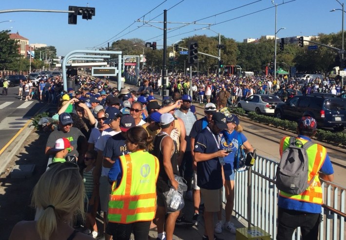 Expo Line platform crowding after Rams game. Photo via Metro