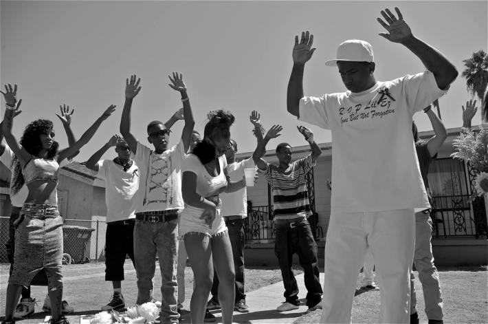 Ceebo Tha Rapper shoots a video near 65th and Broadway, where 25-year-old Ezell Ford was shot and killed by the police, answering critics that thought his first video called for violence against the police. Sahra Sulaiman/Streetsblog L.A.