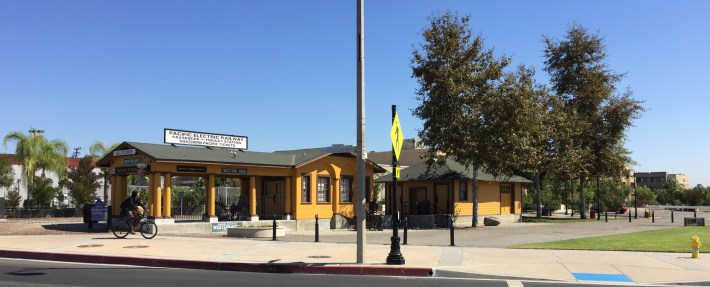 The historic PE West Santa Ana Branch railway station still stands in Bellflower. Photos by Joe Linton/Streetsblog L.A.