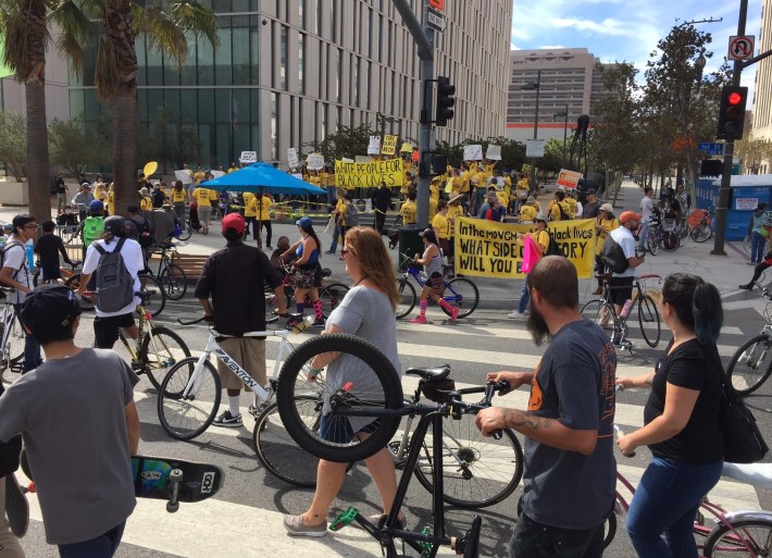 White people for Black Lives Matter march rallies at LAPD headquarters during CicLAvia yesterday
