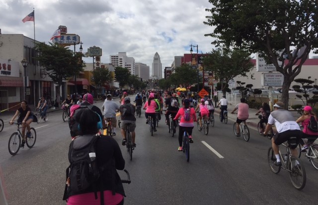A pink section of CicLAvia under cloudy Chinatown skies yesterday morning