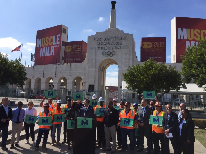 L.A. Mayor Eric Garcetti has been pushing heavily for yes votes on Measure M. He spoke a pro-M event yesterday at the Colliseum. Photo: Joe Linton/Streetsblog L.A.