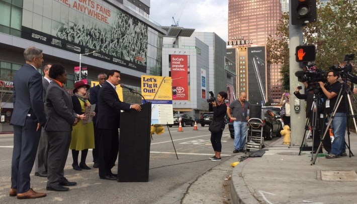 Councilmember Jose Huizar celebrates breaking ground for L.A.'s longest protected bike lane