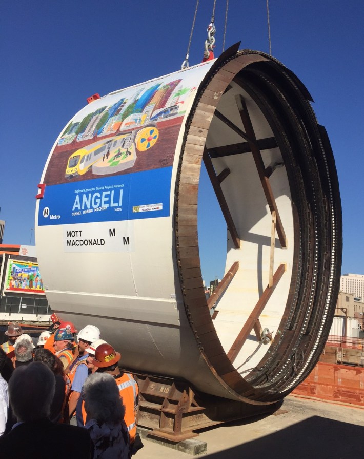 The 21.5-foot diameter shell for "Angeli" the Metro Regional Connector Tunnel Boring Machine. All photos: Joe Linton/Streetsblog L.A.
