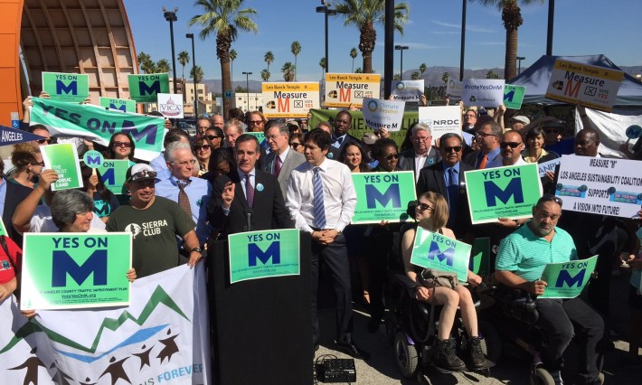 Eyes on the election: Measure M proponents rally in North Hollywood last Friday. Photo: Joe Linton/Streetsblog L.A.