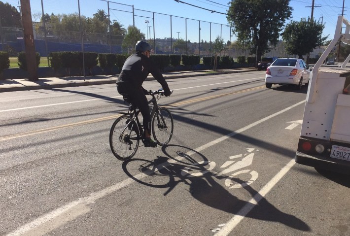 Cyclist riding the new Fletcher Drive bike lanes