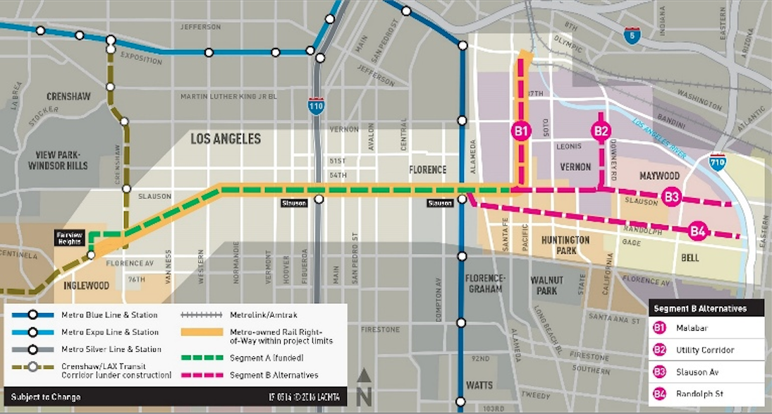 A map of the Rail-to-River bike and pedestrian path planned for the Slauson corridor in South and Southeast Los Angeles. Source: Metro