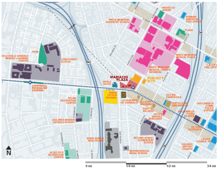 The Mariachi Plaza lots (at center, in red/orange) and the surrounding area in Boyle Heights. Source: Development Guidelines, Metro/Gwynne Pugh Urban Studio