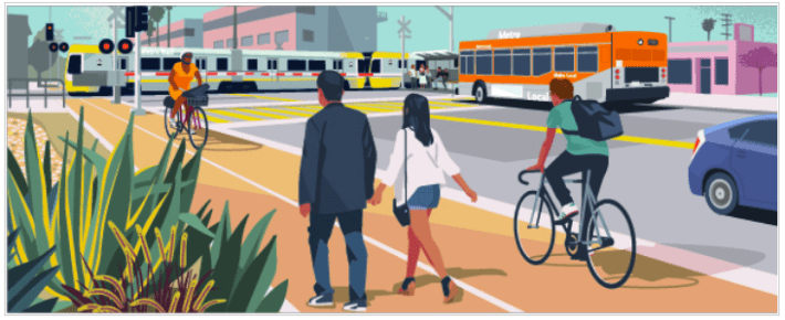 Metro's vision of what the Slauson corridor might look like once the project was complete includes a well-dressed couple who might be on their way to go dancing and a white guy. Source: Metro