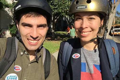 Creed, left, literally Biked the Vote on election day last November. Image: Bike the Vote via ##https://twitter.com/jessecreed@jessecreed##