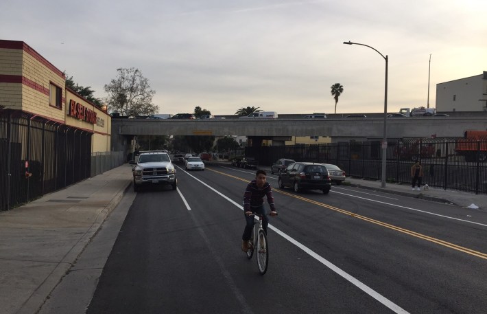 Bicycle lanes on Heliotrope where it crosses below the 101 Freeway.