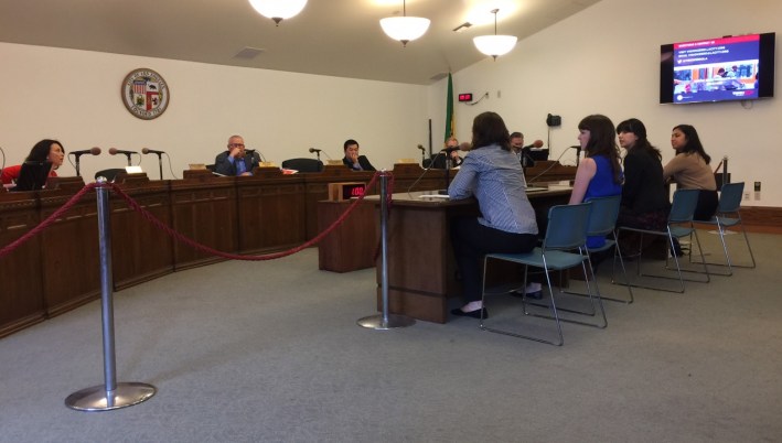 Vision Zero Alliance representatives - from L.A. Walks, LACBC, Multicultural Communities for Mobility, and Investing in Place - testifying before today's Transportation Committee meeting. Photo by Joe Linton/Streetsblog L.A.