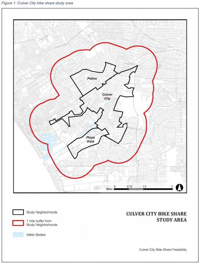 Bike share study area including Culver City, Palms, Mar Vista and adjacent areas. Image from feasibility study
