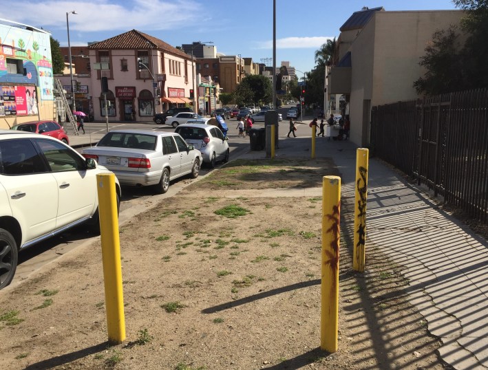 Posts keep cars off this parkway, where soil has become compacted and barren despite ample recent rains