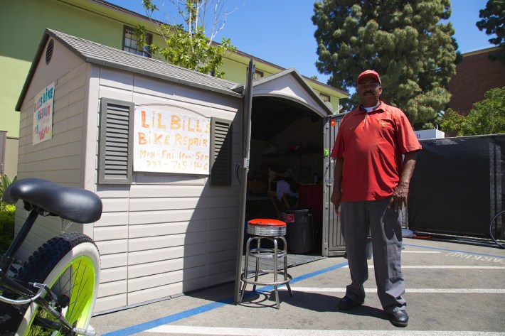 Flournoy stands next to his shed on McClintock Ave. on USC's campus. Sahra Sulaiman/Streetsblog L.A.