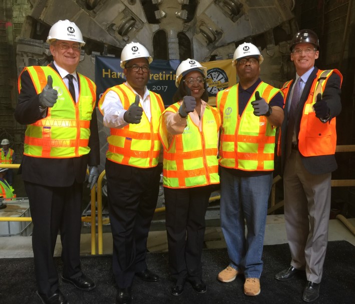 Metro Crenshaw/LAX Line leadership in front of Harriet: John Fasana, Mark Ridley-Thomas, Jacquelyn Dupont-Walker, Phil Washington, and Peter Shea.