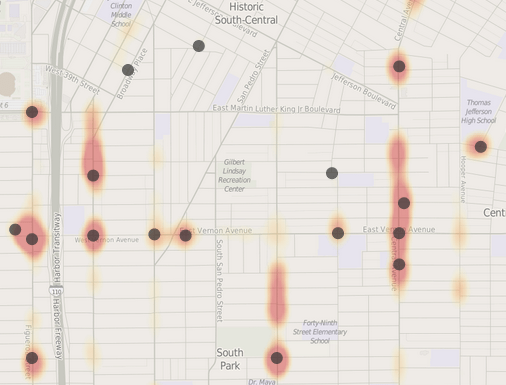 Screenshot of L.A. Times' heat map of collisions in South L.A. Source: L.A. Times.