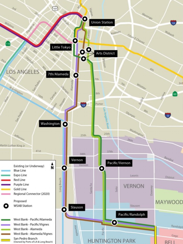 Potential northern alternatives for the West Santa Ana Branch light rail. Image via Metro staff presentation
