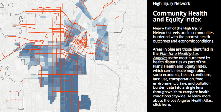 The high-injury network (in red) denotes the streets where we see the highest concentration of injury and death. The blue represents the health disparities seen in disenfranchised communities like South L.A. Source: Vision Zero L.A.