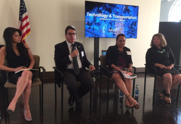 Speakers from last night's event: Cruise Automation's Nadia Marquez, Beverly Hills Councilmember John Mirisch, AARP's Stephanie Ramirez, and LADOT's Seleta Reynolds. Photo by Joe Linton/Streetsblog L.A.