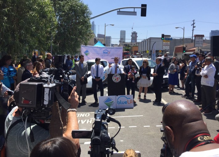 Mayor Garcetti spoke of his first electric car in 1997 and the importance of electric car-share for mobility, health and the environment